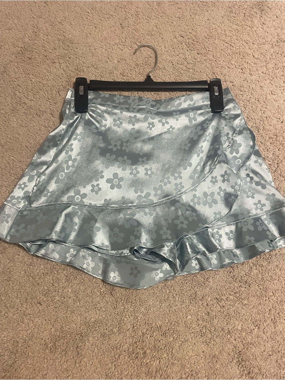 Altar'd State Light Blue Satin Floral Ruffle Skort